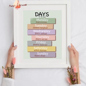 Puede incluir: Una impresi&oacute;n enmarcada con los d&iacute;as de la semana en ingl&eacute;s y punjabi. Los d&iacute;as se enumeran en un formato apilado, con cada d&iacute;a en un color diferente.