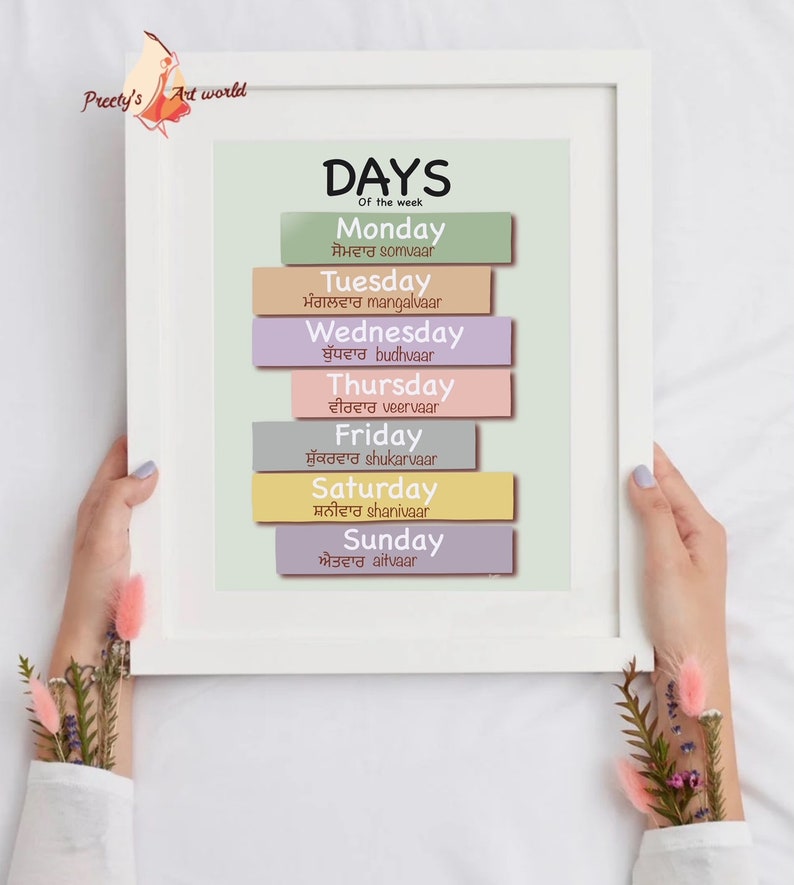 Puede incluir: Una impresi&oacute;n enmarcada con los d&iacute;as de la semana en ingl&eacute;s y punjabi. Los d&iacute;as se enumeran en un formato apilado, con cada d&iacute;a en un color diferente.