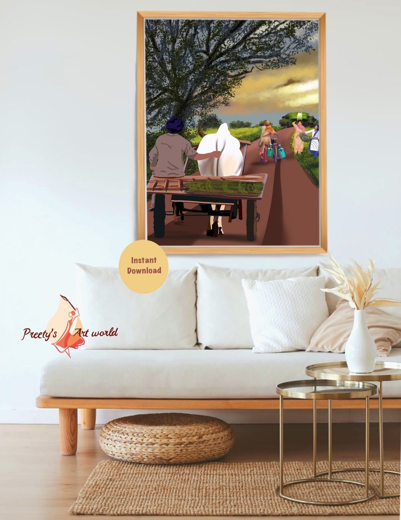 Punjabi Men & Women Working In Fields I Punjabi Village Art I Village Life I Traditional Indian Printable Wall Art I Punjabi wall decor image 4