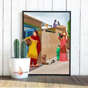 Puede incluir: Una pintura digital que representa una escena de un pueblo tradicional indio. La pintura presenta un edificio marr&oacute;n con una puerta azul, una mujer con un vestido amarillo y rojo que lleva una olla de barro, y otra mujer con un vestido rojo que lleva una olla de barro en la cabeza. Tambi&eacute;n hay dos ni&ntilde;os en la pintura, uno con un vestido verde y el otro con un vestido azul. La pintura est&aacute; ambientada en un fondo de pared blanca.