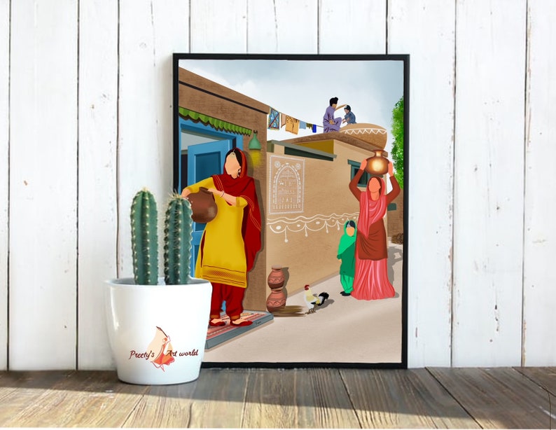 Puede incluir: Una pintura digital que representa una escena de un pueblo tradicional indio. La pintura presenta un edificio marr&oacute;n con una puerta azul, una mujer con un vestido amarillo y rojo que lleva una olla de barro, y otra mujer con un vestido rojo que lleva una olla de barro en la cabeza. Tambi&eacute;n hay dos ni&ntilde;os en la pintura, uno con un vestido verde y el otro con un vestido azul. La pintura est&aacute; ambientada en un fondo de pared blanca.