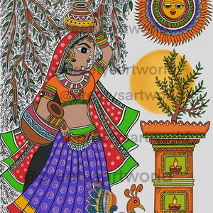 May include: A colorful folk art painting depicting a woman carrying a pot on her head, standing next to a peacock and a small shrine with lit lamps. The background features a tree with green leaves and a sun with a face.