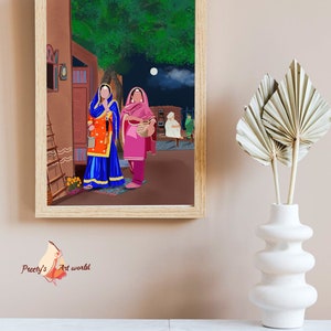 Punjabi Village Family Art Print I Indyjski etniczny wystrój domu I Tradycyjny indyjski wydruk ścienny I Sikh Family Printable Art Printable zdjęcie 3