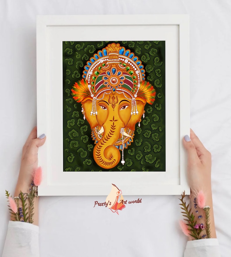 May include: A colorful painting of the Hindu deity Ganesha, with a green background and intricate details in gold, red, blue, and white.