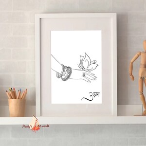 May include: Black and white line art print of a hand with bangles and a butterfly. The word "उड़ान" is written in Hindi script below the image.
