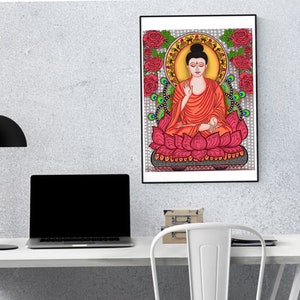 May include: A digital illustration of Buddha sitting in a lotus position on a pink lotus flower. The background is a gray and white pattern with red roses and peacocks.