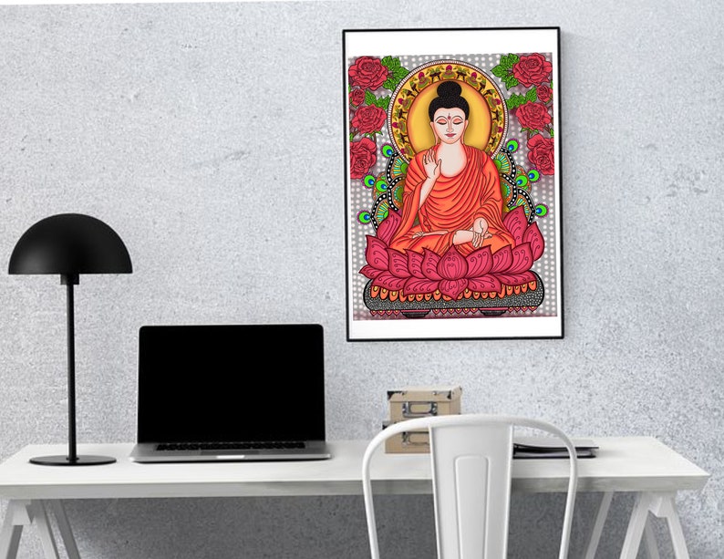 May include: A digital illustration of Buddha sitting in a lotus position on a pink lotus flower. The background is a gray and white pattern with red roses and peacocks.