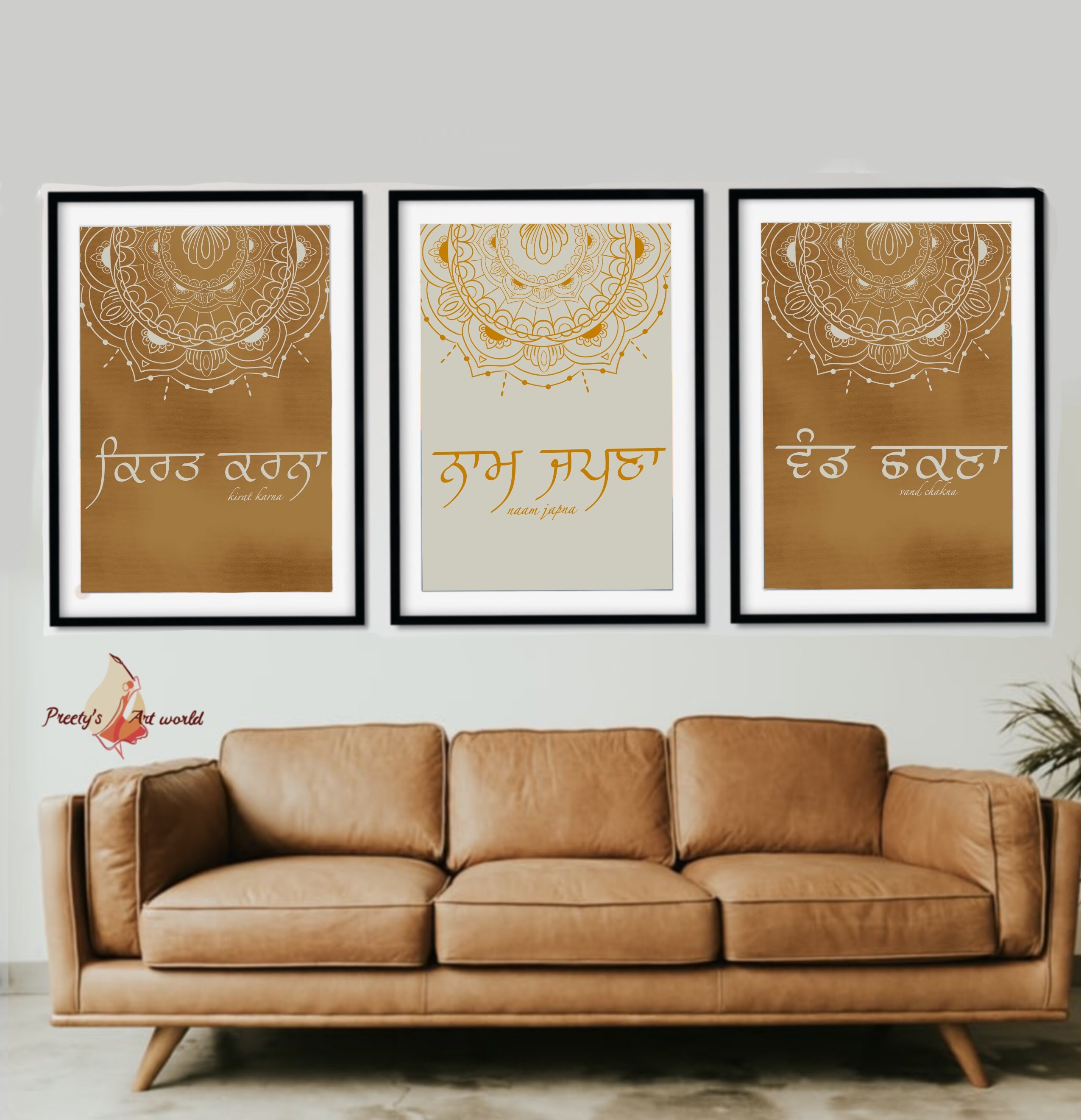 Set Of 3 Golden Kirat Karna Naam Japna Vand Chakna Art Poster I 3 set-of-3-golden-kirat-karna-naam-japna-vand-chakna-art-poster-i-3