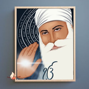 Original Handdrawn Guru Nanak Dev Ji Sikh Art Print I Sikh Religious Painting Poster I Handwritten Mool Mantar In English I Art Of Punjab