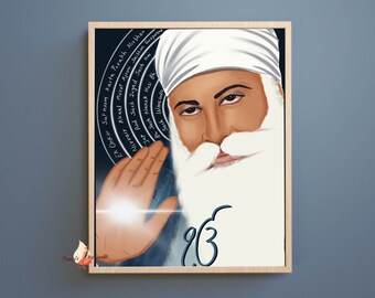 Original Handdrawn Guru Nanak Dev Ji Sikh Art Print I Sikh Religious Painting Poster I Handwritten Mool Mantar In English I Art Of Punjab