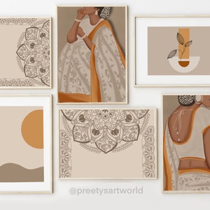 Set Of 6 Indian Art Pintables I Women Boho Art I Abstract Wall Art I Mandala I Boho Modern Décor I Aesthetic Home Decor I South Asian Art