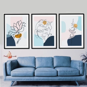 Set Of 3 Ganesha OM Buddha Lotus Wall Art I Blue Aesthetic Room Decor I Minimalist Wall Art I Spiritual Yoga Peaceful Meditation Art image 1