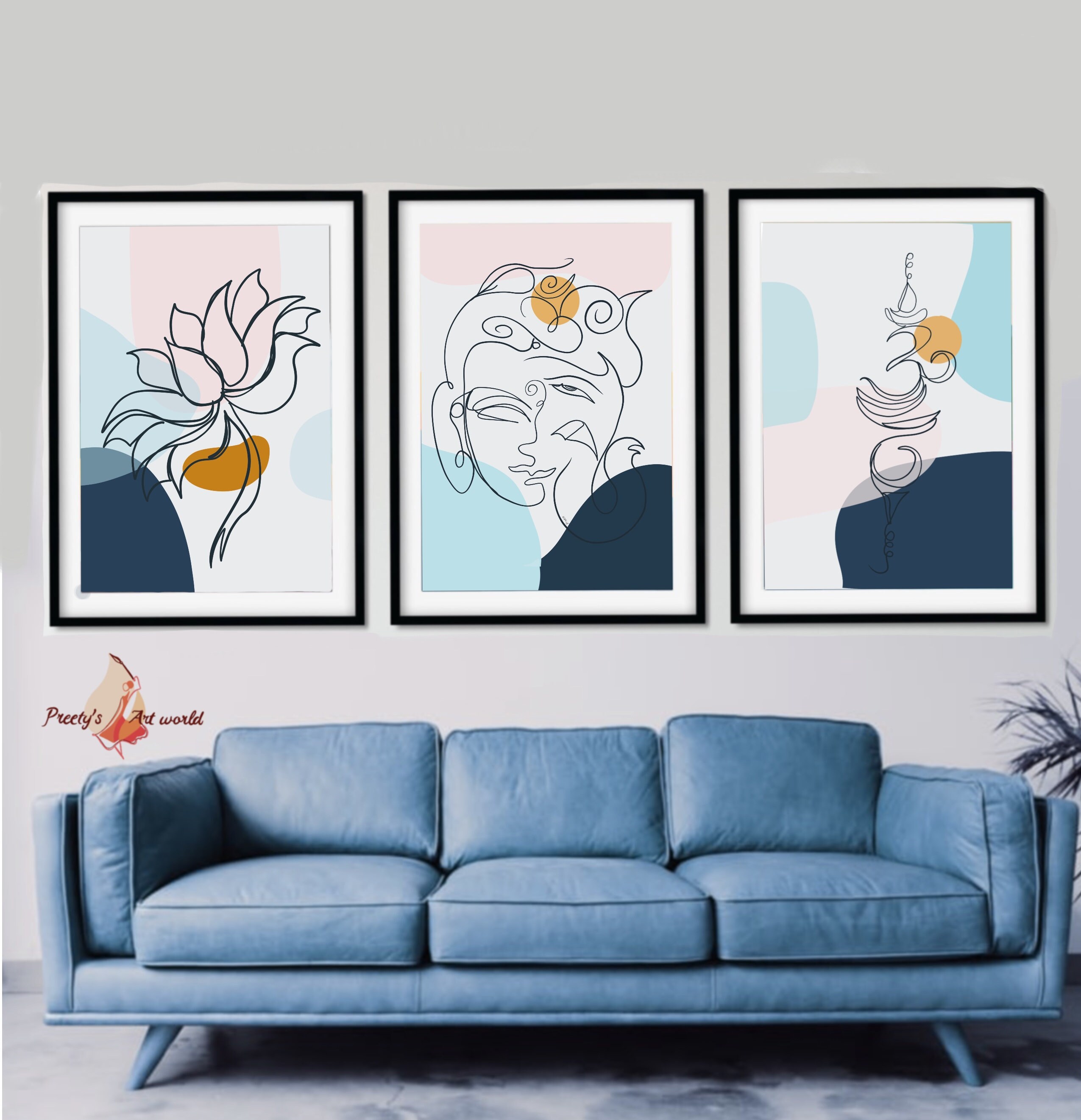 Set Of 3 Ganesha OM Buddha Lotus Wall Art I Blue Aesthetic Room Decor  I Minimalist Wall Art I Spiritual  Yoga Peaceful Meditation Art