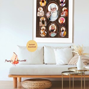 May include: A brown framed poster with a white background featuring a portrait of ten Sikh gurus. The poster is surrounded by a white frame and has a brown background. The poster is titled "The Ten Gurus of Sikhism".