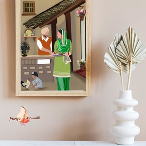 May include: A digital illustration of a family in a home setting. A man in a red shirt and turban stands next to a woman wearing a green salwar kameez. A young child in a blue shirt and pants stands near a rooster. The illustration is framed in a light wood frame.