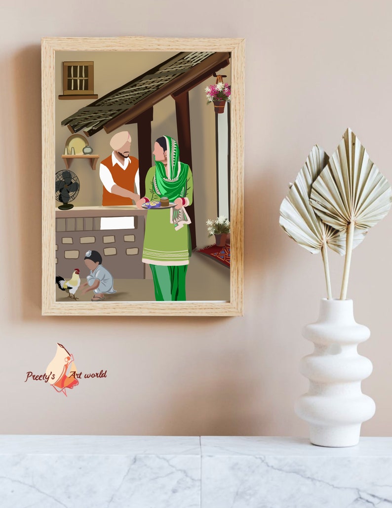 May include: A digital illustration of a family in a home setting. A man in a red shirt and turban stands next to a woman wearing a green salwar kameez. A young child in a blue shirt and pants stands near a rooster. The illustration is framed in a light wood frame.