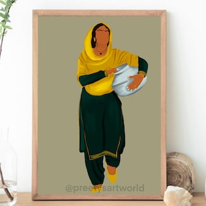 Punjabi Sikh Women Carrying Matka Water Pot Art Print I Indian Ethnic Home Décor I Village Life I Traditional Indian Printable Wall Art image 1