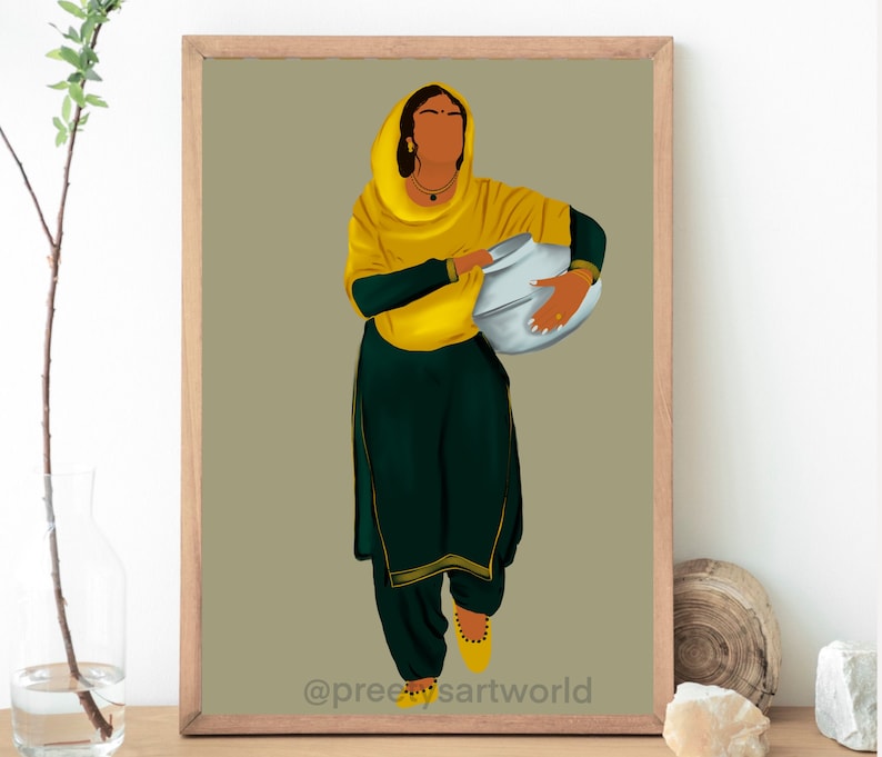 Punjabi Sikh Women Carrying Matka Water Pot Art Print I Indian Ethnic Home Décor I Village Life I Traditional Indian Printable Wall Art image 1