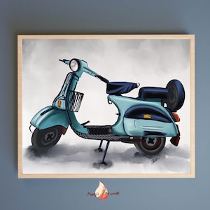 Vintage Blue Motor Scooter Poster Wall Art I  Handdrawn Digital Illustration I Indian Memory Nostalgic Home Decor I Fatfati I Travel Poster