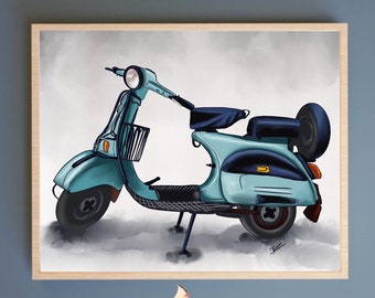 Vintage Blue Motor Scooter Poster Wall Art I  Handdrawn Digital Illustration I Indian Memory Nostalgic Home Decor I Fatfati I Travel Poster