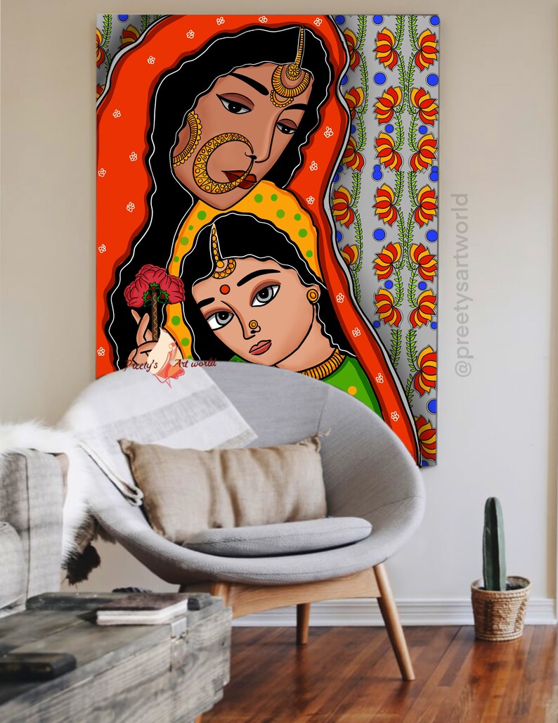 Mom & Daughter Madhubani Original Inspired Indian Traditional Wall Art ...