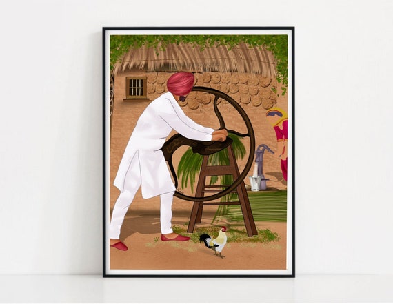 Punjabi Farmer Preparing Cattle Feed By Cutting Pathe/Chara  Punjabi Village Life , Punjabi HomeDecor , Traditional Indian Printable WallArt