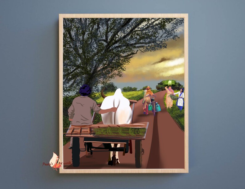 Punjabi Men & Women Working In Fields I Punjabi Village Art I Village Life I Traditional Indian Printable Wall Art I Punjabi wall decor image 3