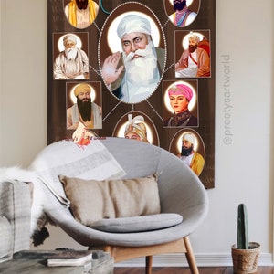 May include: A brown background with a circular design featuring nine portraits of Sikh gurus. The portraits are surrounded by a gold-colored border and are arranged in a circular pattern. The text "Vaheguru" is written in the top left corner of the image. The text "96" is written in the top right corner of the image. The text "ਨਿਰਭਉ ਨਿਰਵੈਰੁ ਅਕਾਲਮੂਰਤਿਅਜੂਨੀਸੈਭੰ ਗੁਰਪ੍ਰਸਾਦਿ॥ ਜਪੁ ॥" is written in the top center of the image.