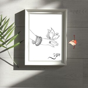 May include: A black and white line drawing of a hand with a butterfly on the finger and bangles on the wrist. The word "उड़ान" is written in black below the hand.