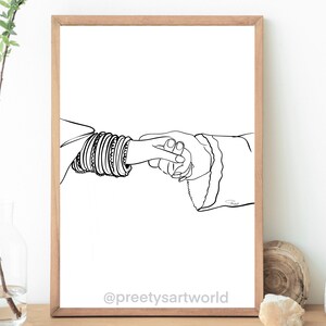 May include: A black and white line drawing of two hands holding each other. One hand is adorned with multiple bangles. The drawing is on a white background and framed in a wooden frame.