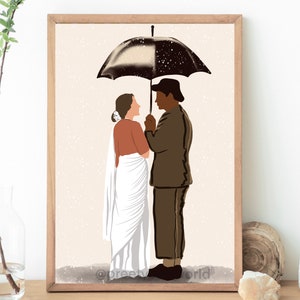 Indian Couple Standing Under Umbrella In Rain Love Romantic Bollywood Art Poster I Indian Traditional Couple Art I Minimal Wall Decor