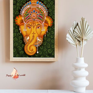 May include: A framed painting of a colorful depiction of the Hindu deity Ganesha. The painting is done in a traditional Indian style with intricate details and vibrant colors. The background is a dark green with swirling patterns.