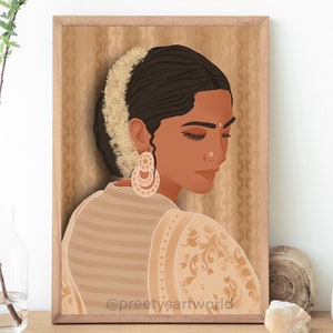 May include: A digital illustration of a woman with dark hair and brown eyes wearing a beige and white striped sari with floral embroidery. She has a flower garland in her hair and large gold earrings. The background is a beige pattern.