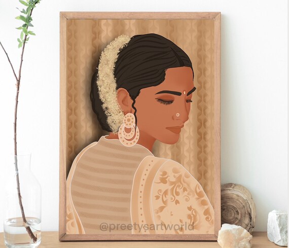 Indian Women  Boho Desi Art Poster Print Wall Art  I Mid Century Modern Print I  Indian Wall Decor I  South Asian Art Home Decor I Gajra
