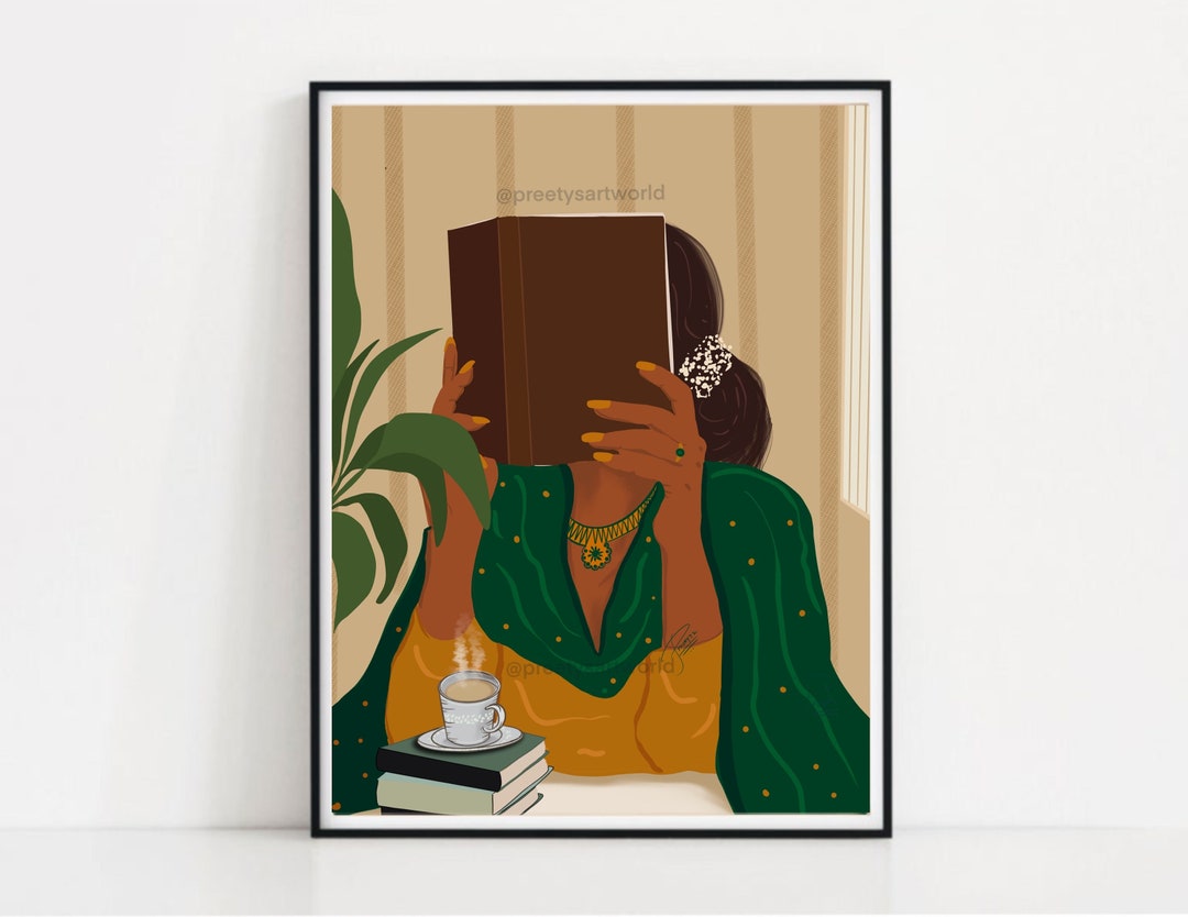 Indian Women in Yellow Suit & Green Chunni Hidden Face Reading Book