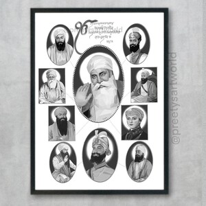 Puede incluir: Ilustraci&oacute;n en blanco y negro de los diez gur&uacute;s sij en marcos ovalados. Los gur&uacute;s est&aacute;n representados con turbantes y barbas. La imagen incluye el texto "Guru Nanak Dev Ji" y "@preetysartworld".