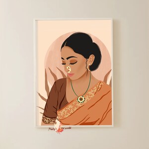 May include: A digital illustration of a woman with dark hair and brown eyes wearing a traditional orange and brown sari with gold embroidery. She is wearing a nose ring and a necklace with a green stone pendant. The background is a soft peach color with a hint of pink.
