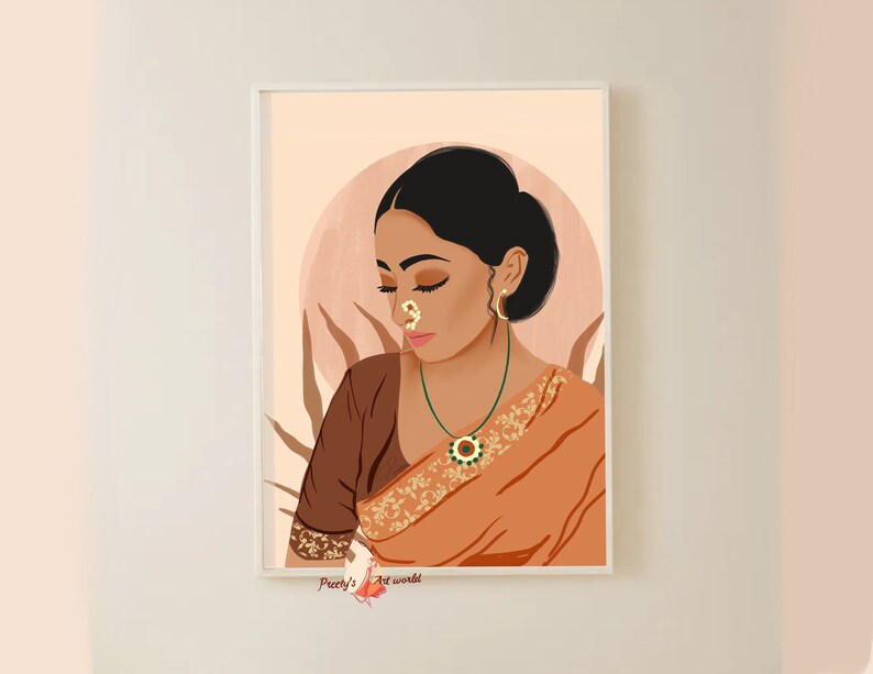 May include: A digital illustration of a woman with dark hair and brown eyes wearing a traditional orange and brown sari with gold embroidery. She is wearing a nose ring and a necklace with a green stone pendant. The background is a soft peach color with a hint of pink.
