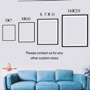 May include: A digital download of printable art prints in various sizes, including 5x7 inches, 8x10 inches, 8.5x11 inches, and 16x20 inches. The text "INCLUDES FILES SIZES" is at the top of the image. The text "Please contact us for any other custom sizes" is at the bottom of the image.