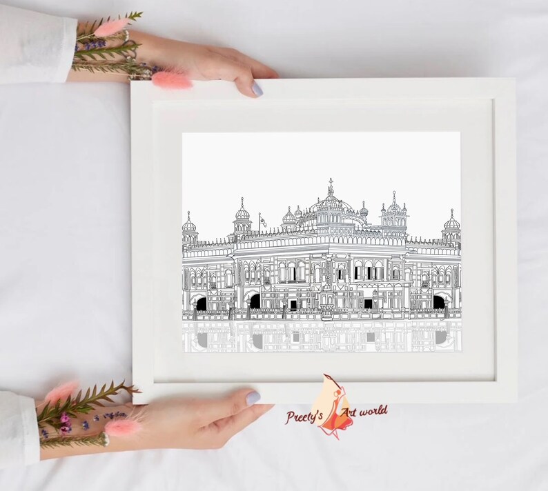 May include: A black and white line drawing of a large building with a domed roof and multiple windows. The building is reflected in a body of water at the bottom of the image. The image is framed in a white frame. The text "Preeti's Art world" is visible in the bottom right corner of the image.