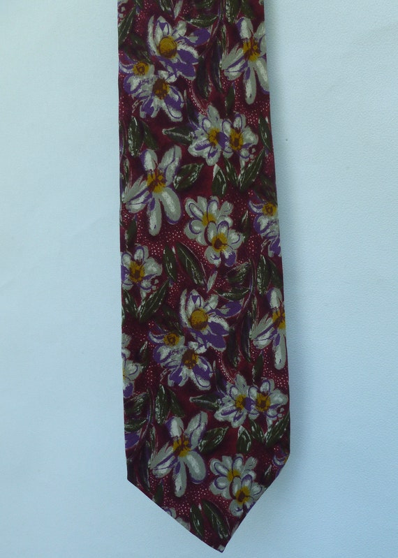 Vintage Burgundy Floral Silk Men's Necktie, Ungar… - image 1