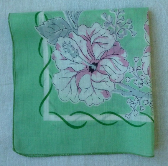 Vintage Green Cotton Handkerchief, Pink, White & … - image 1