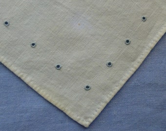 Vintage White Linen Rectangular Doily, Pale Blue Embroidery Punched Eyelets, Narrow Hemmed Edges