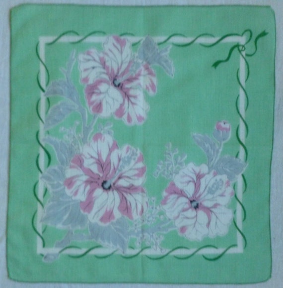 Vintage Green Cotton Handkerchief, Pink, White & … - image 4
