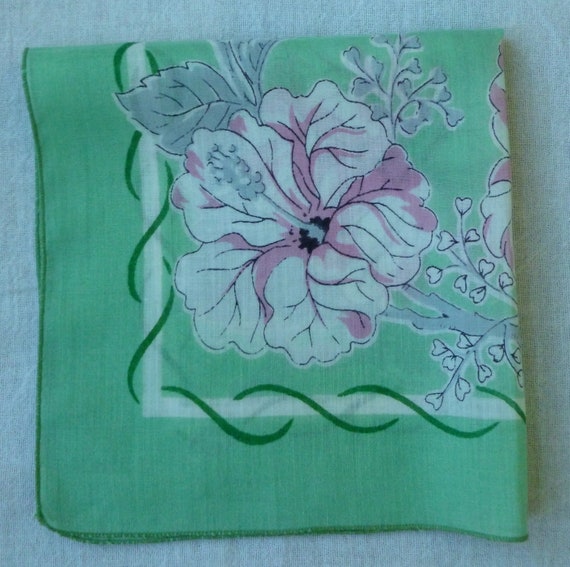 Vintage Green Cotton Handkerchief, Pink, White & … - image 3