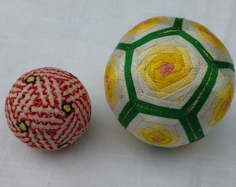 Vintage Japanese Temari Balls (2), Ornamental Intricately Embroidered Balls, Japanese Folk Craft, Thread Art