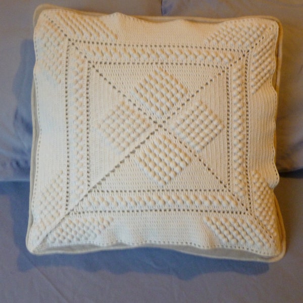Vintage Crochet White Square Throw Pillow Top or Doily.  Intricate Design, Raised Textures.