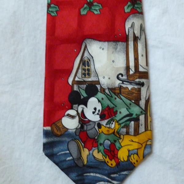 Vintage Silk Holiday Neck Tie, Red with Green Holly Berries, Mickey Mouse & Goofy Bring Home a Christmas Tree