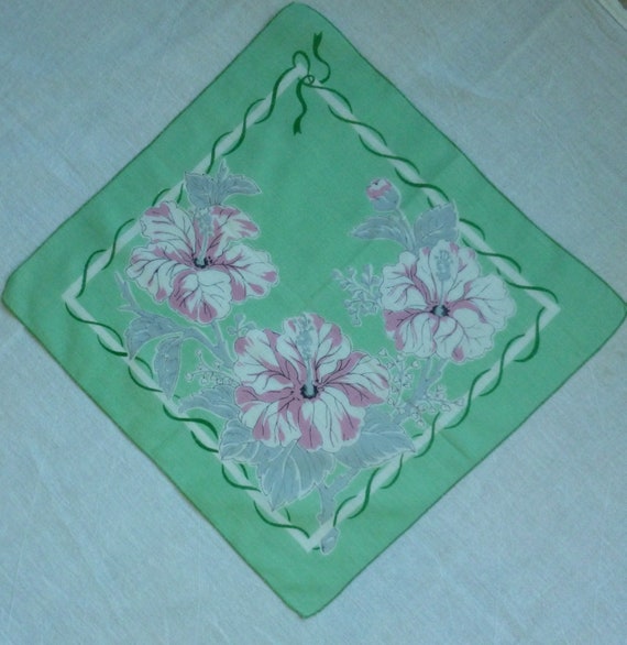 Vintage Green Cotton Handkerchief, Pink, White & … - image 2