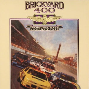 May include: A vintage program cover for the Brickyard 400 inaugural race at the Indianapolis Speedway on August 5, 1994. The cover features a colorful illustration of race cars speeding around a track. The text "OFFICIAL PROGRAM EIGHT DOLLARS" is printed at the bottom.